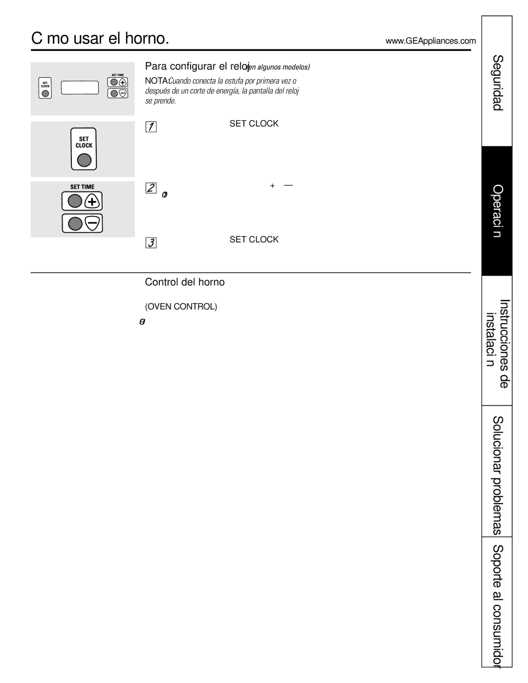 GE JGBS10, JGBS09 manual Cómo usar el horno, Para configurar el reloj en algunos modelos, Control del horno 