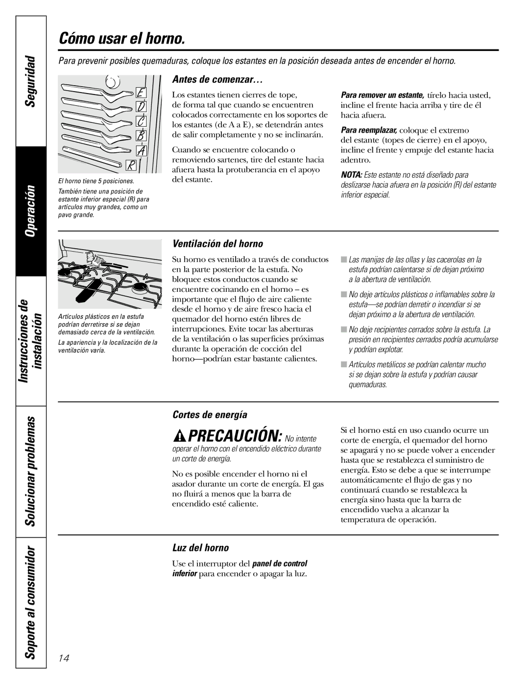 GE JGBS09, JGBS10 manual Antes de comenzar…, Ventilación del horno, Cortes de energía, Luz del horno 