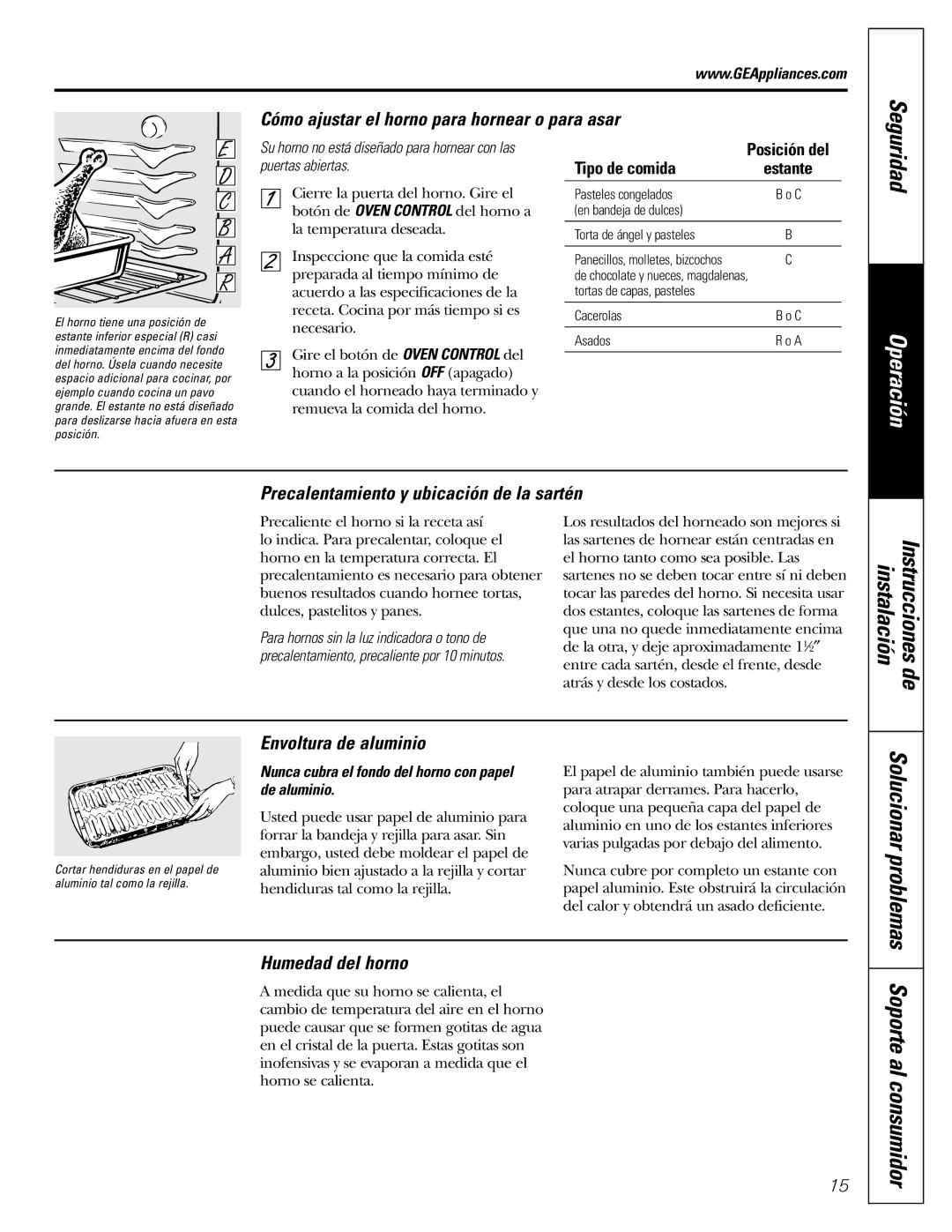 GE JGBS10, JGBS09 Cómo ajustar el horno para hornear o para asar, Envoltura de aluminio, Humedad del horno, Tipo de comida 