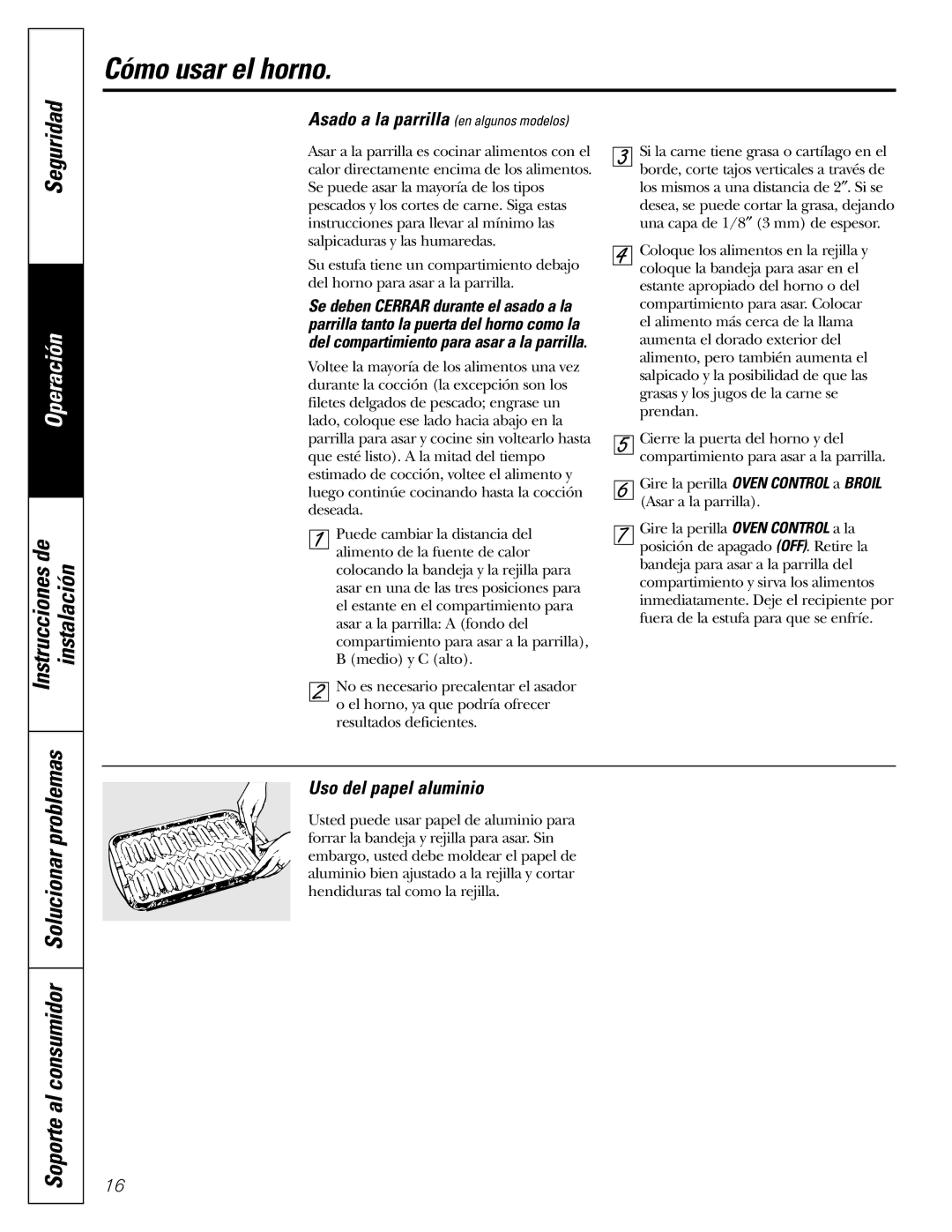 GE JGBS09, JGBS10 manual Asado a la parrilla en algunos modelos, Uso del papel aluminio 