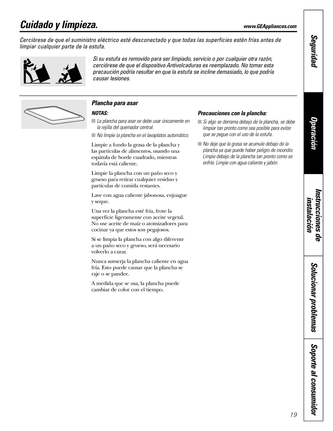 GE JGBS10, JGBS09 manual Cuidado y limpieza, Plancha para asar, Precauciones con la plancha 