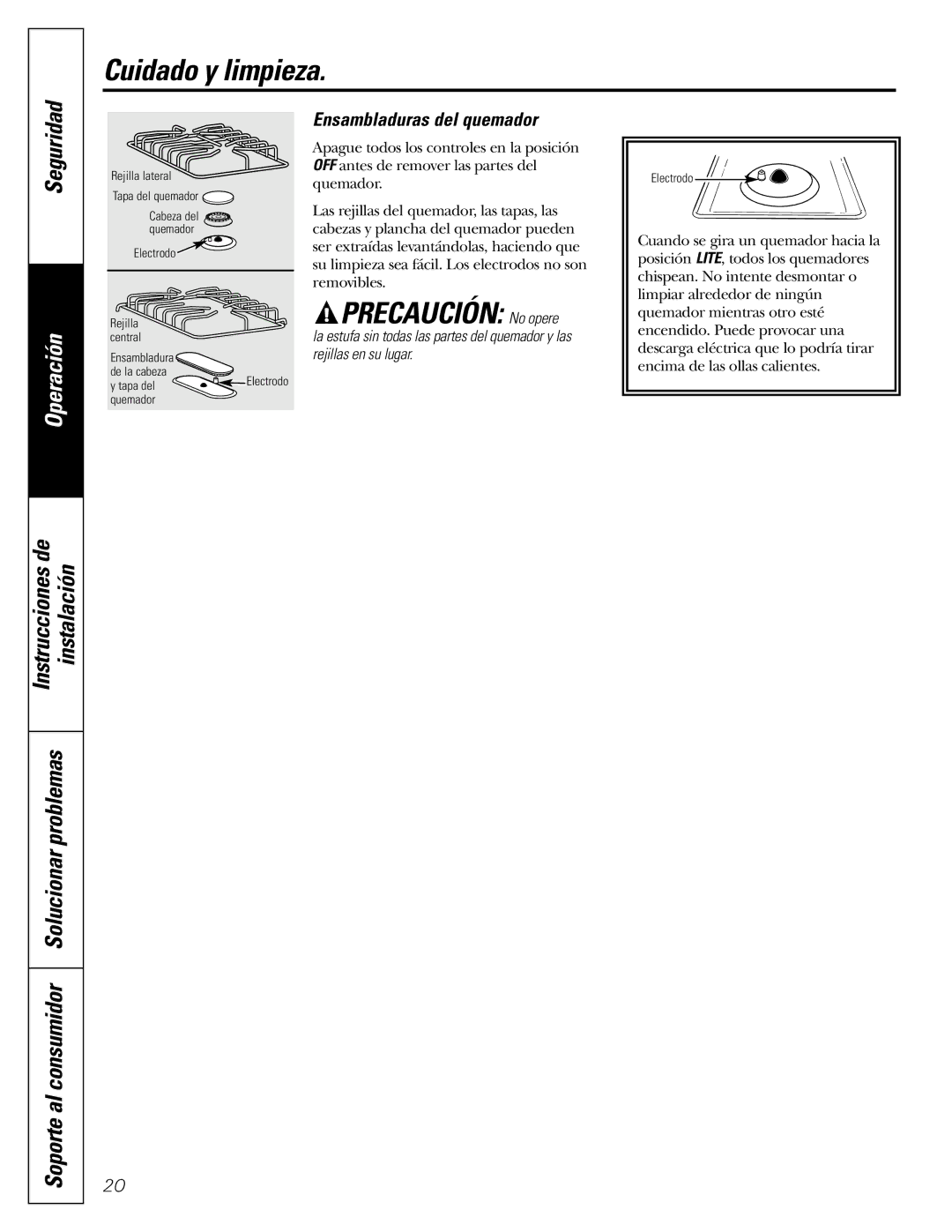 GE JGBS09, JGBS10 manual Precaución No opere, Ensambladuras del quemador 