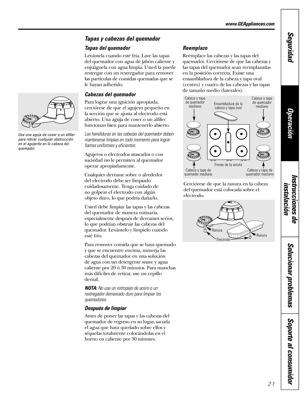 GE JGBS10, JGBS09 Tapas y cabezas del quemador, Tapas del quemador, Cabezas del quemador, Reemplazo, Después de limpiar 