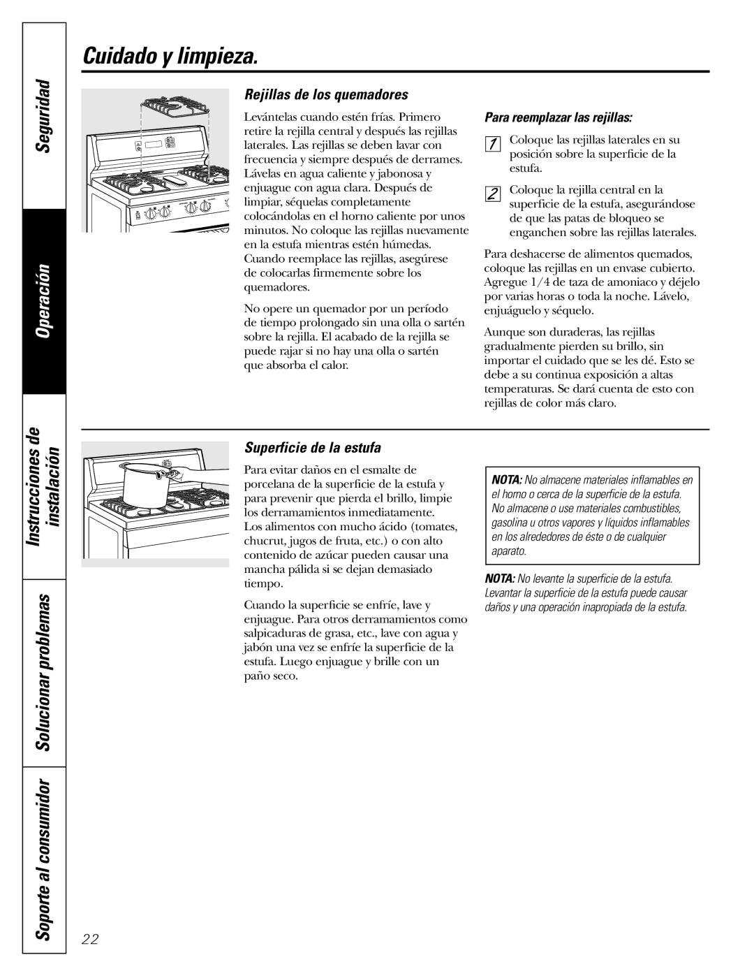 GE JGBS09, JGBS10 manual Rejillas de los quemadores, Superficie de la estufa, Para reemplazar las rejillas 