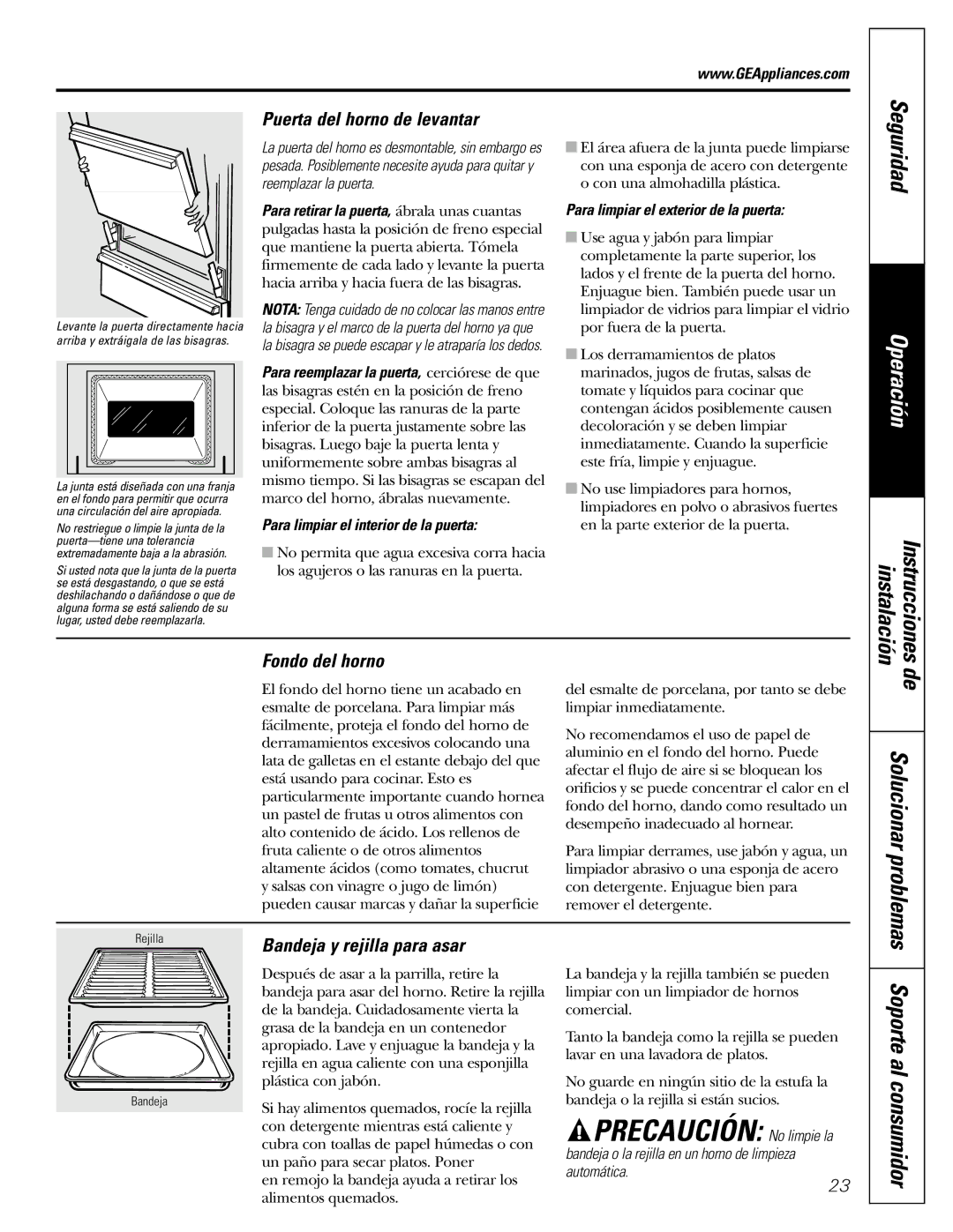 GE JGBS10, JGBS09 manual Precaución No limpie la, Puerta del horno de levantar, Fondo del horno, Solucionarproblemas 