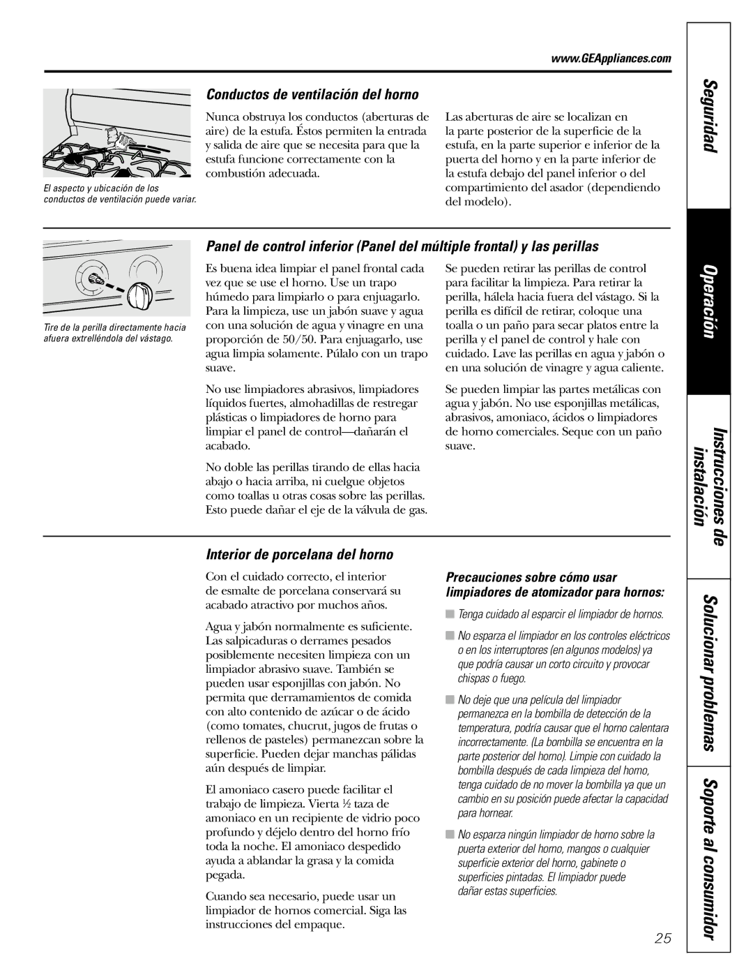 GE JGBS10, JGBS09 manual Conductos de ventilación del horno, Interior de porcelana del horno 