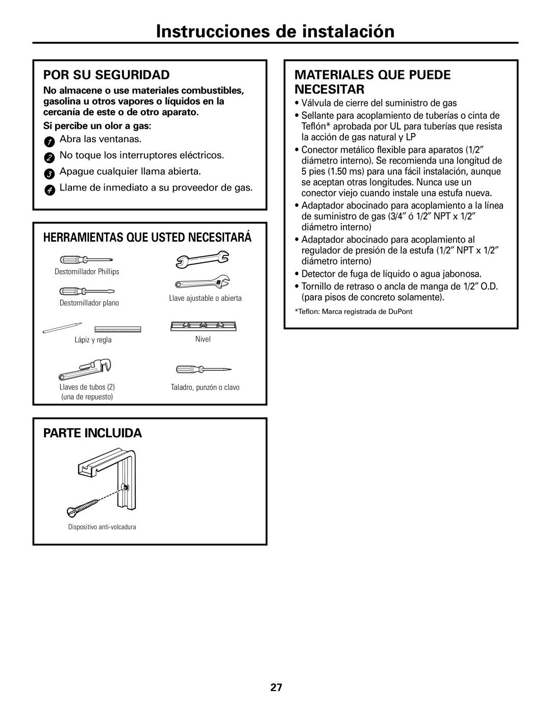 GE JGBS10, JGBS09 manual POR SU Seguridad, Materiales QUE Puede Necesitar, Parte Incluida, Si percibe un olor a gas 