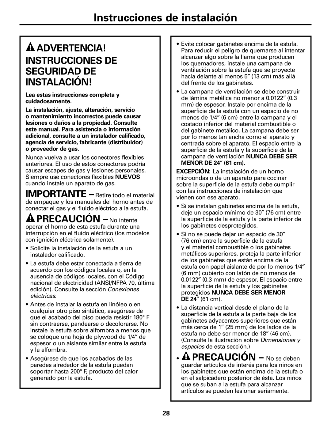 GE JGBS09, JGBS10 manual Advertencia Instrucciones DE Seguridad DE Instalación, Protegidos Nunca Debe SER Menor DE 24″ 61 cm 