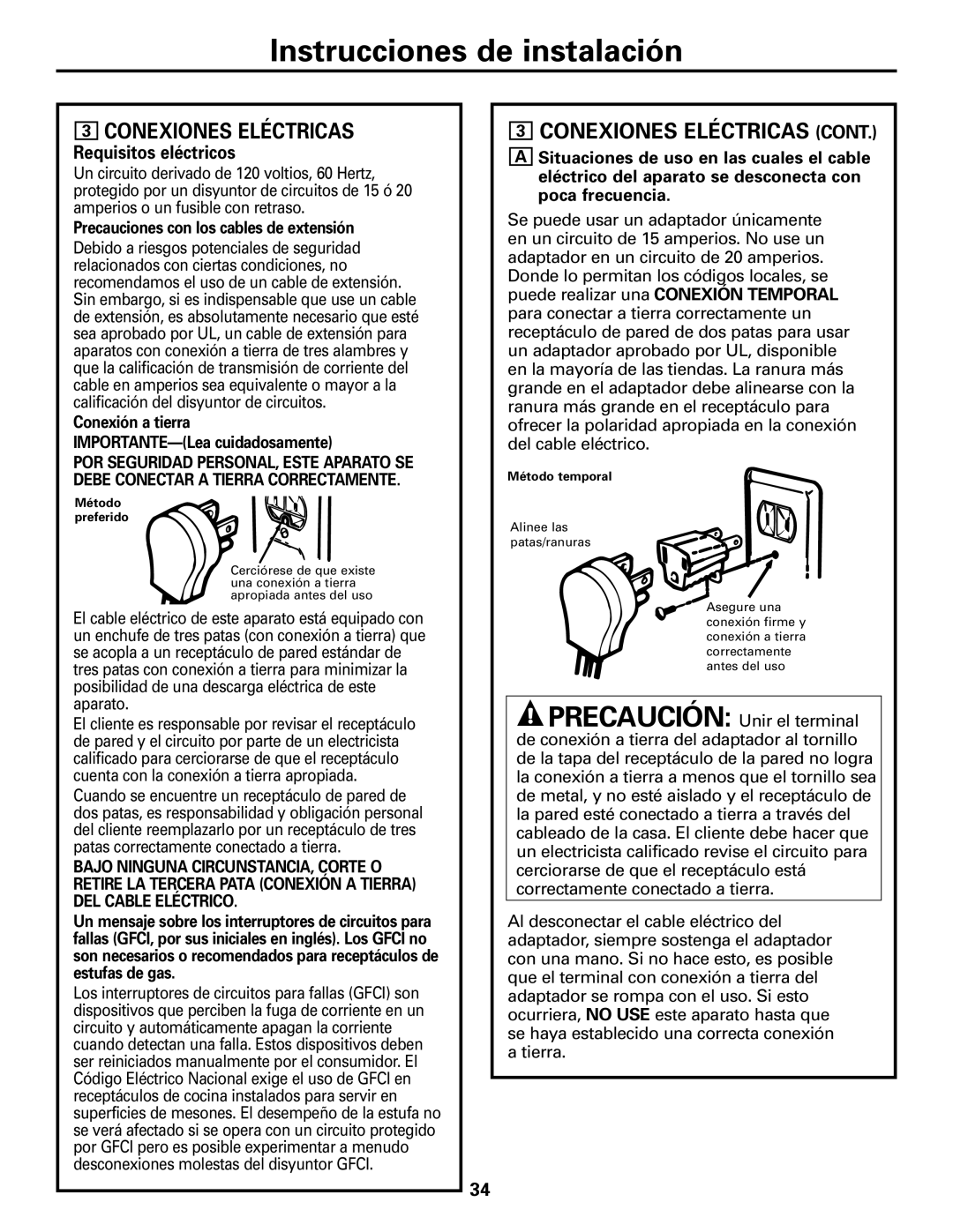 GE JGBS09, JGBS10 manual Conexiones Eléctricas, Precauciones con los cables de extensión 