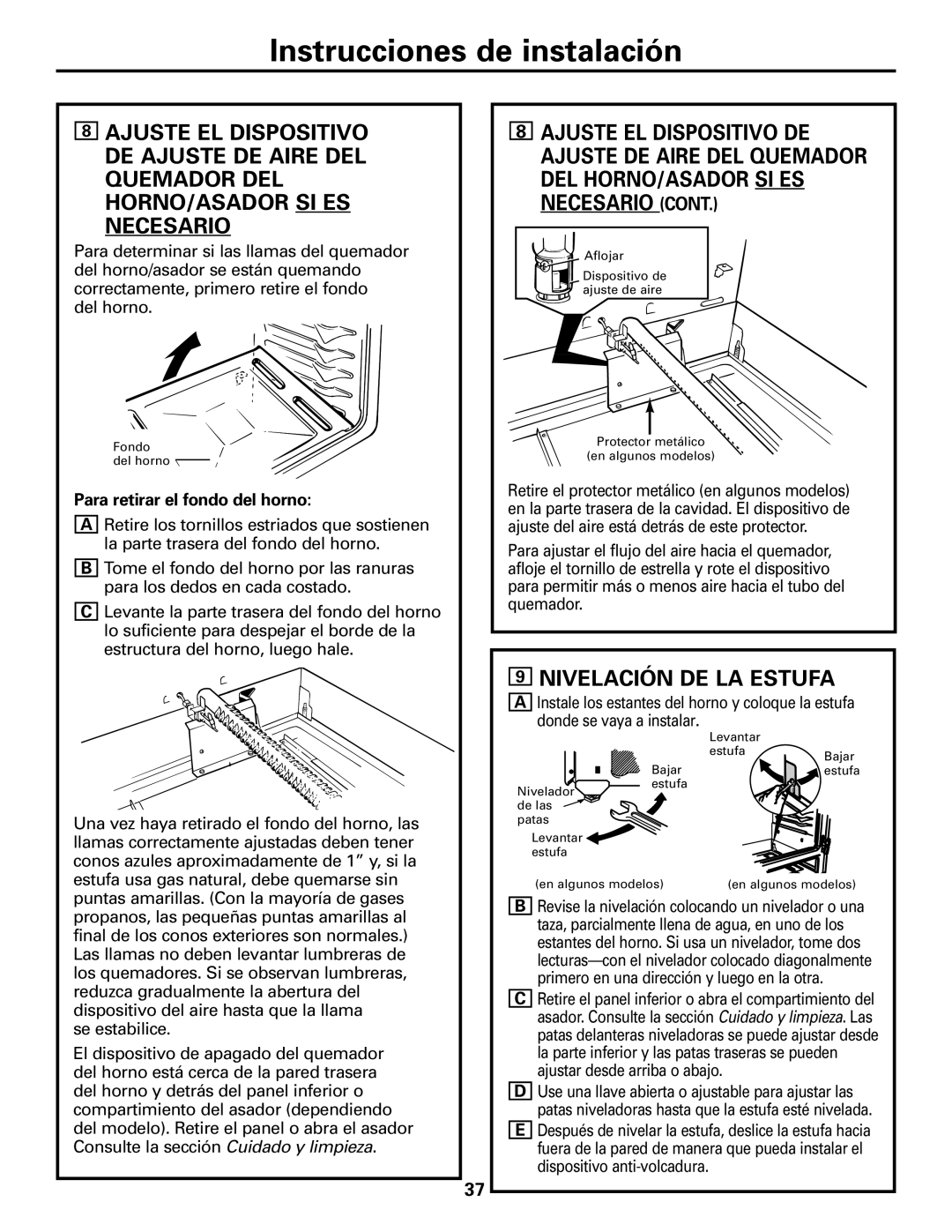 GE JGBS10, JGBS09 manual Necesario, Nivelación DE LA Estufa, Para retirar el fondo del horno 