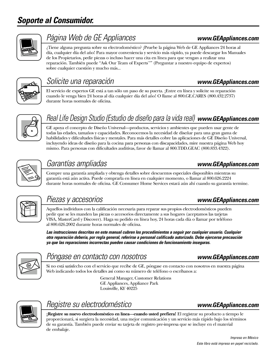 GE JGBS09, JGBS10 manual Soporte al Consumidor Página Web de GE Appliances, Solicite una reparación, Garantías ampliadas 