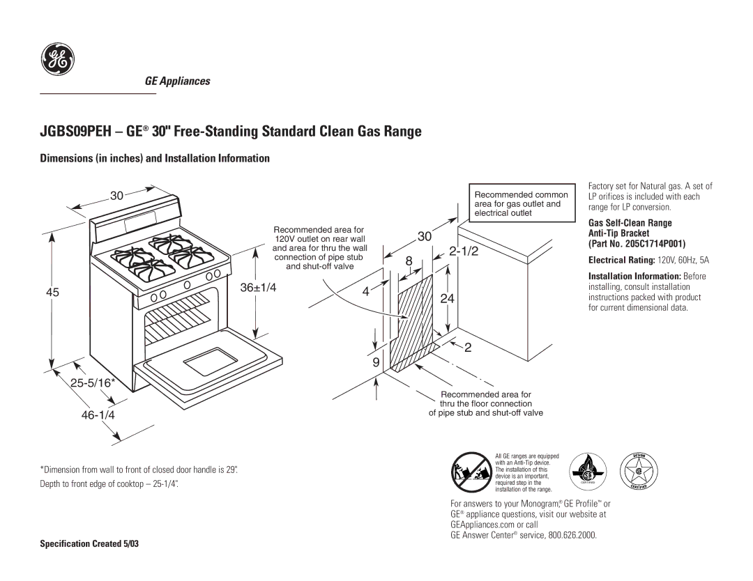 GE dimensions JGBS09PEH GE 30 Free-Standing Standard Clean Gas Range, 36±1/44, 25-5/16 46-1/4 