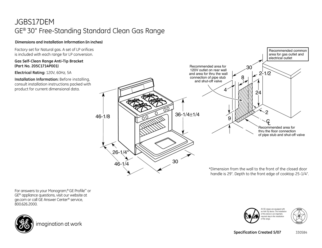 GE JGBS17DEM dimensions GE 30 Free-Standing Standard Clean Gas Range, 46-1/8 26-1/4 46-1/4, 36-1/4±1/49 