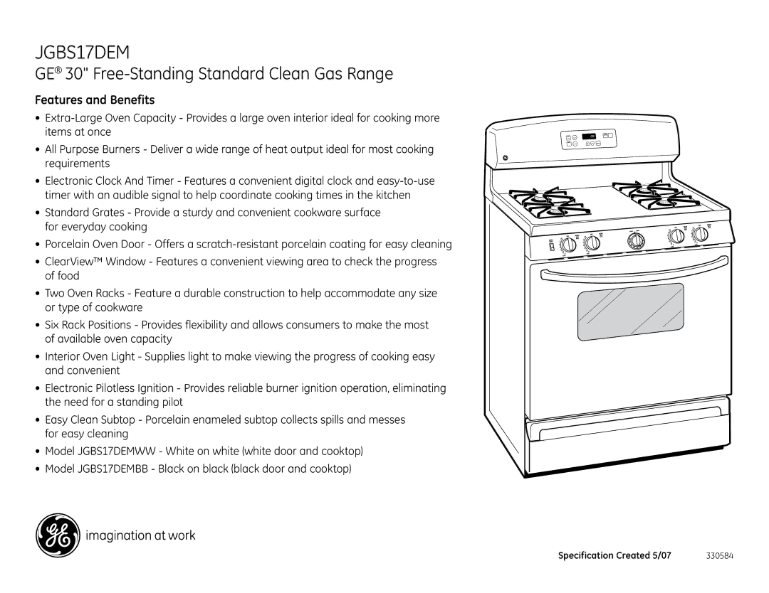 GE JGBS17DEM dimensions GE 30 Free-Standing Standard Clean Gas Range, Features and Benefits 