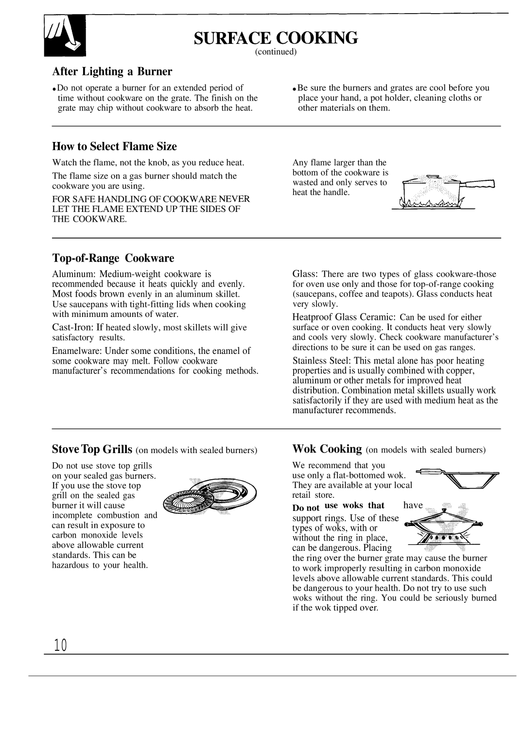 GE JGBS18, JGBC18 manual After Lighting a Burner, How to Select Flame Size, Top-of-Range Cookware, Can be dangerous. Placing 