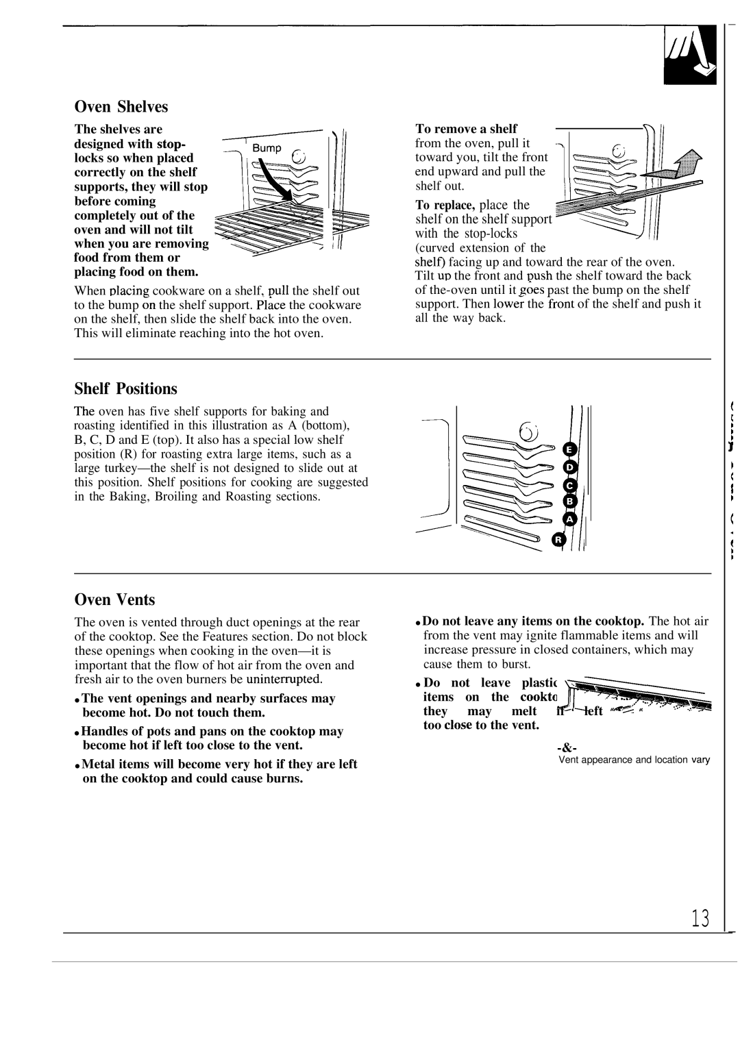 GE JGBC18, JGBS18 manual Oven Shelves, Shelf Positions, Oven Vents, Shelf on the shelf support, With the stop-locks 