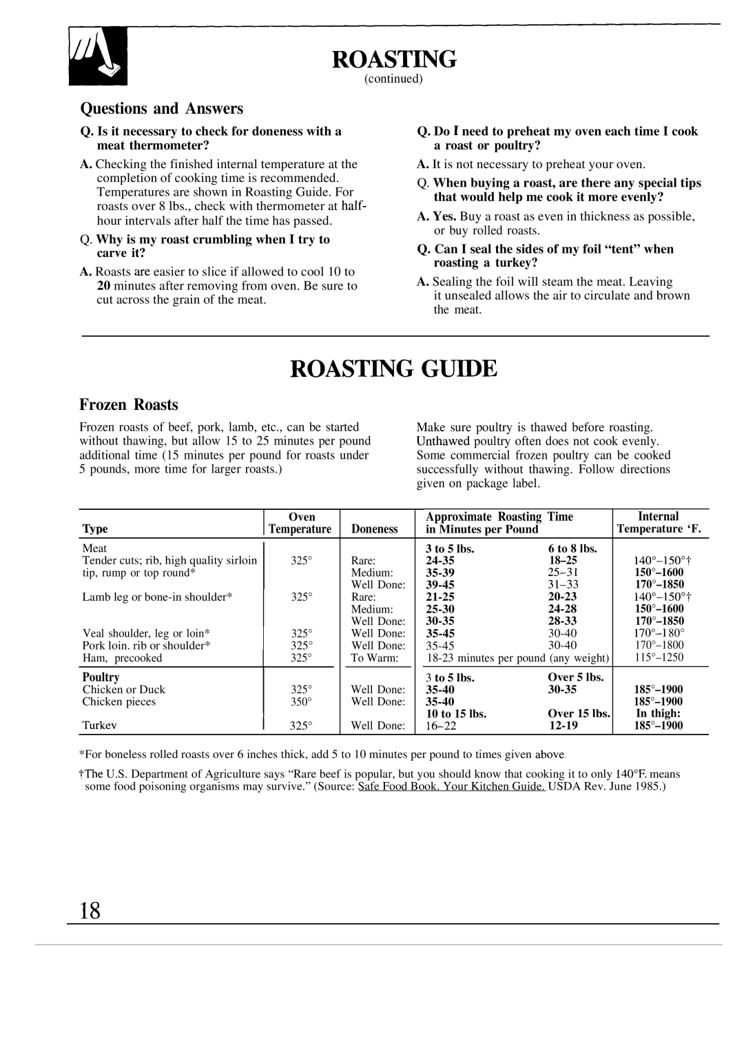 GE JGBS18, JGBC18 manual Questions and Answers, Frozen Roasts 