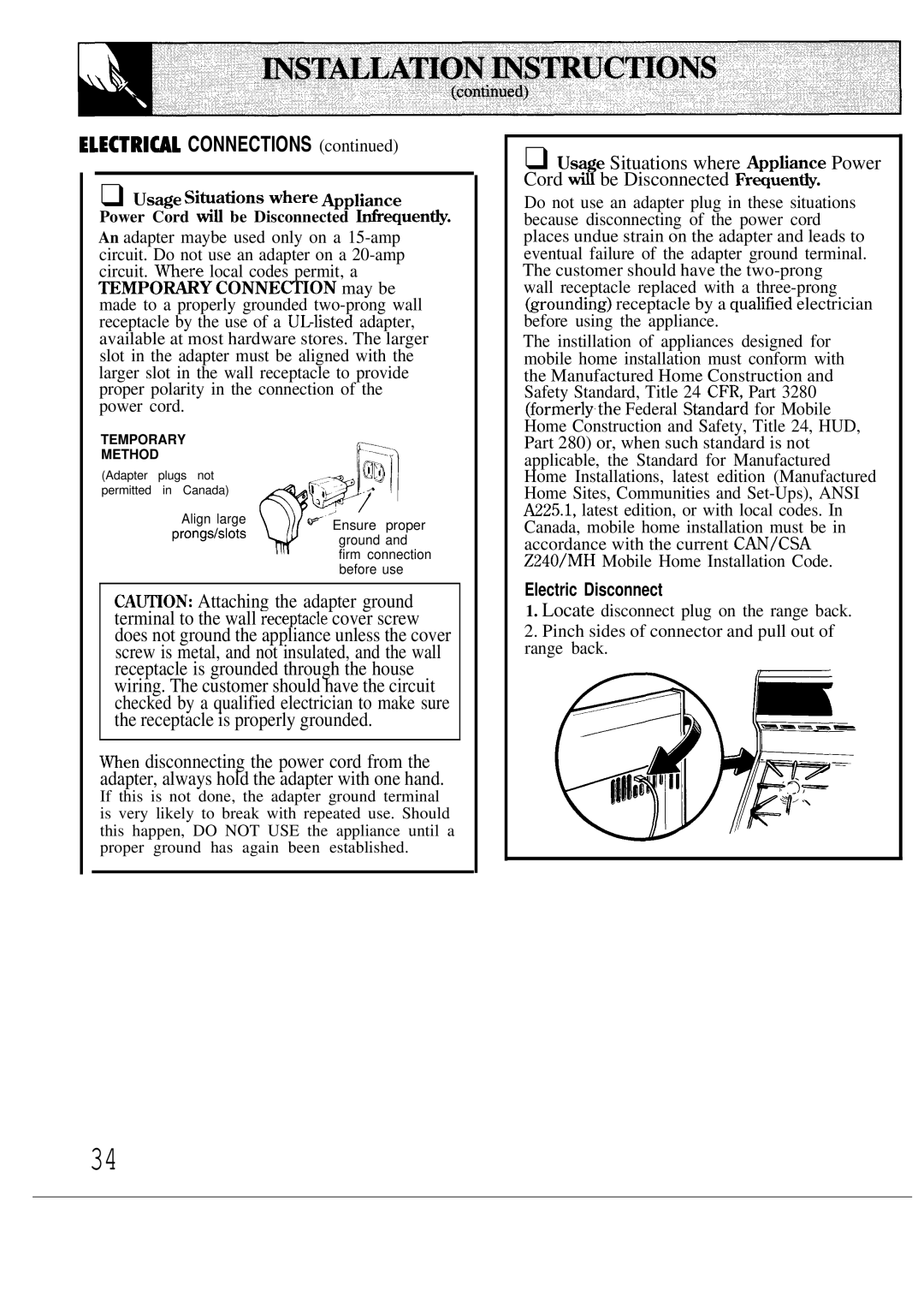 GE JGBS18, JGBC18 manual ELECTRl~L Connections, Electric Disconnect 