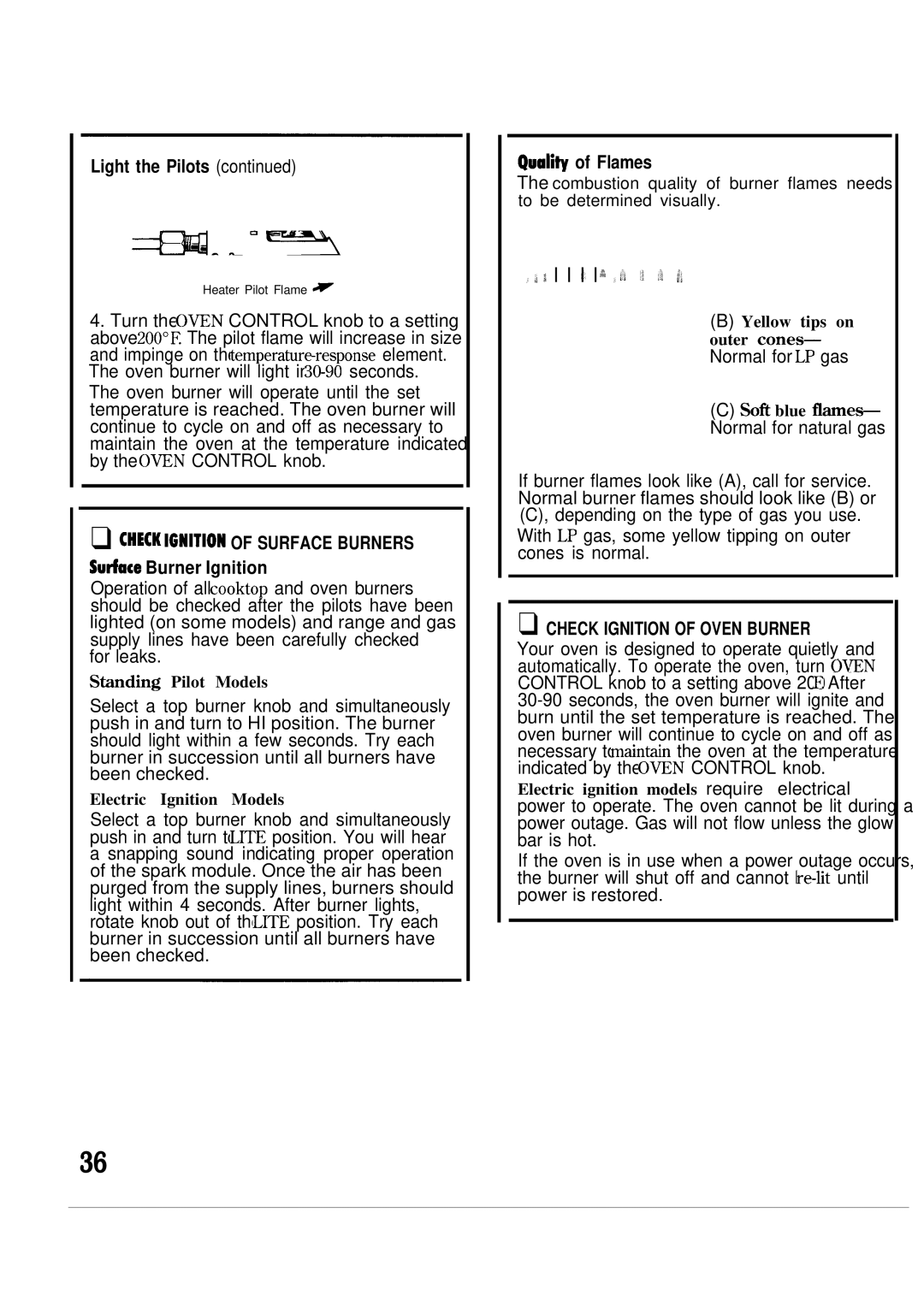 GE JGBS18, JGBC18 manual Light the Pilots, Check Ignition of Surface Burners, Sutiace Burner Ignition, Quali~ of Flames 