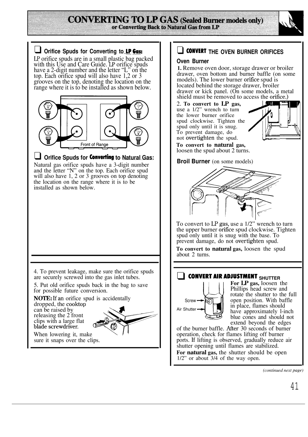 GE JGBC18, JGBS18 manual Orifice Spuds for Converting to LPGas, Orifice Spuds for Convetiing to Natural Gas, Oven Burner 