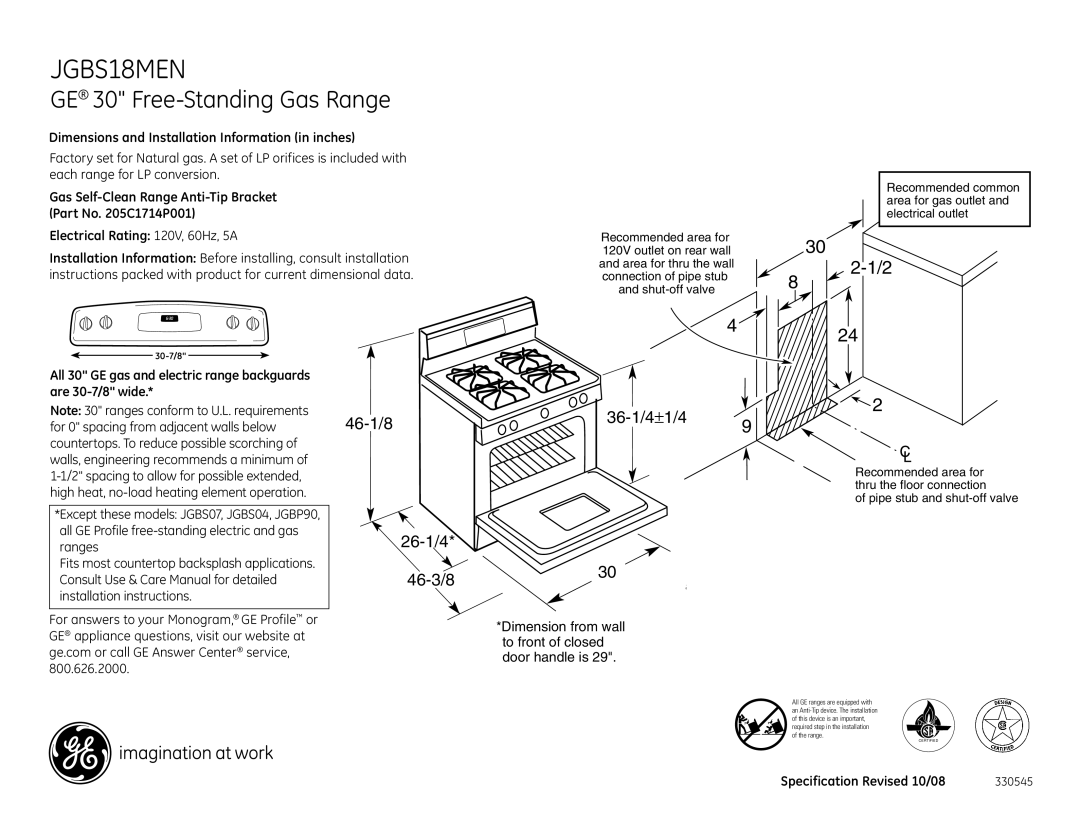 GE JGBS18MENBS dimensions GE 30 Free-Standing Gas Range, 46-1/8 26-1/4 46-3/8 36-1/4±1/4 