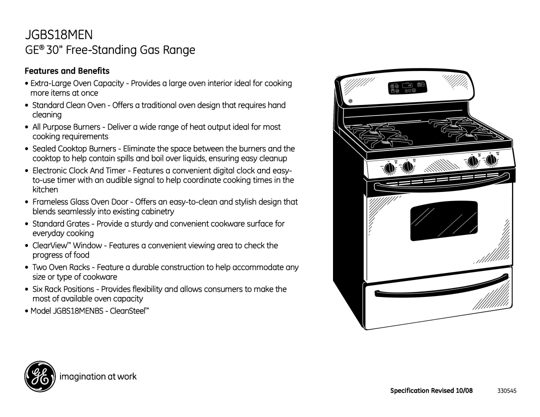 GE JGBS18MENBS dimensions GE 30 Free-StandingGas Range, Features and Benefits 