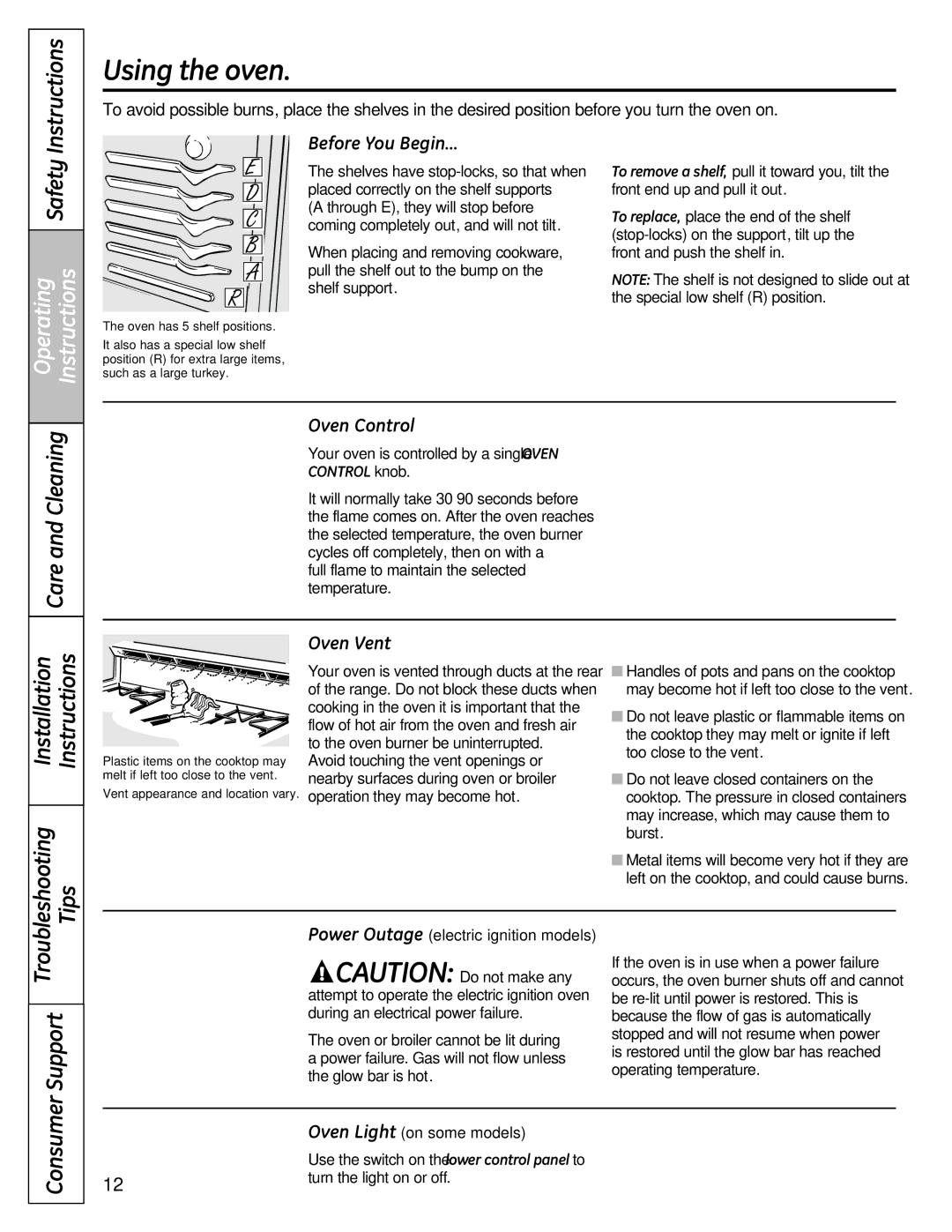 GE JGBS19 Installation Instructions Troubleshooting Tips, Before You Begin…, Oven Vent, Turn the light on or off 