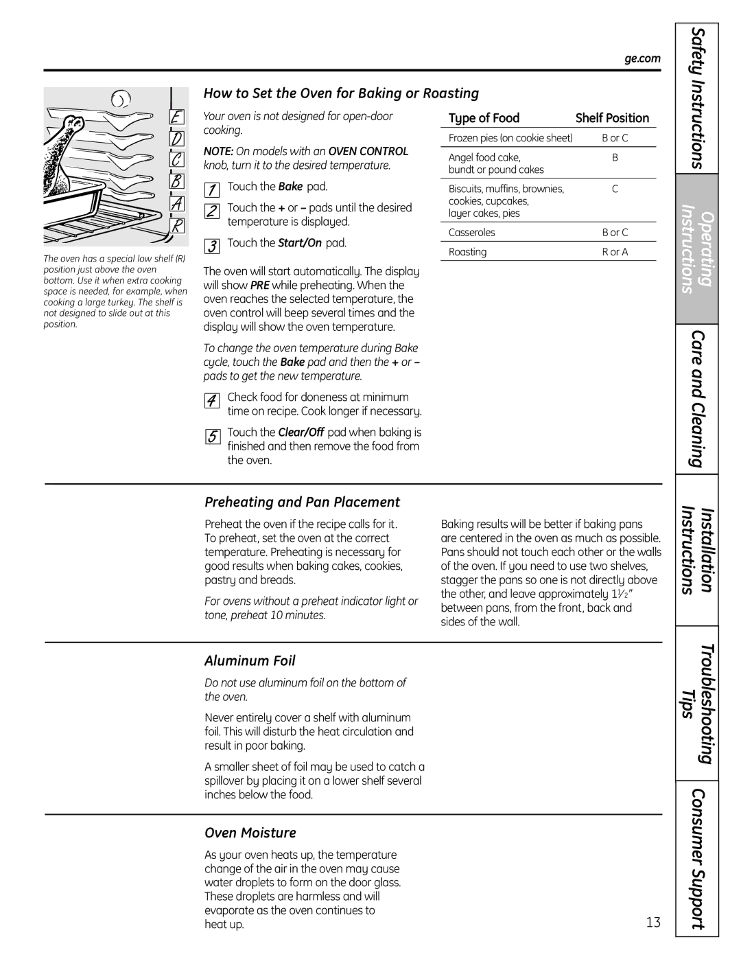 GE JGBS19 How to Set the Oven for Baking or Roasting, Preheating and Pan Placement, Aluminum Foil, Oven Moisture 