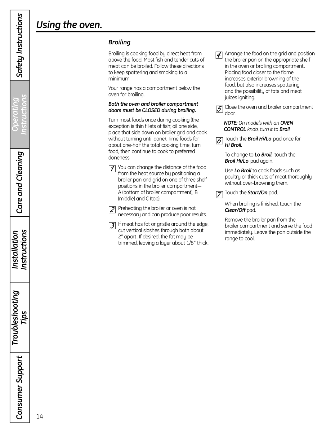 GE JGBS19 installation instructions Using the oven, Installation Instructions, Broiling, Hi Broil, Broil Hi/Lo pad again 