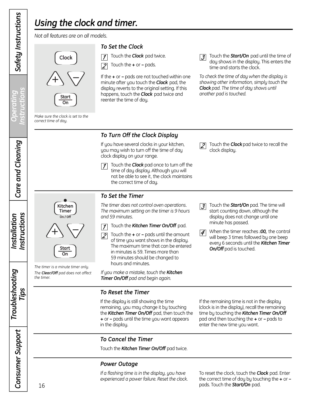 GE JGBS19 To Set the Clock, To Set the Timer, To Reset the Timer, To Cancel the Timer, Power Outage 
