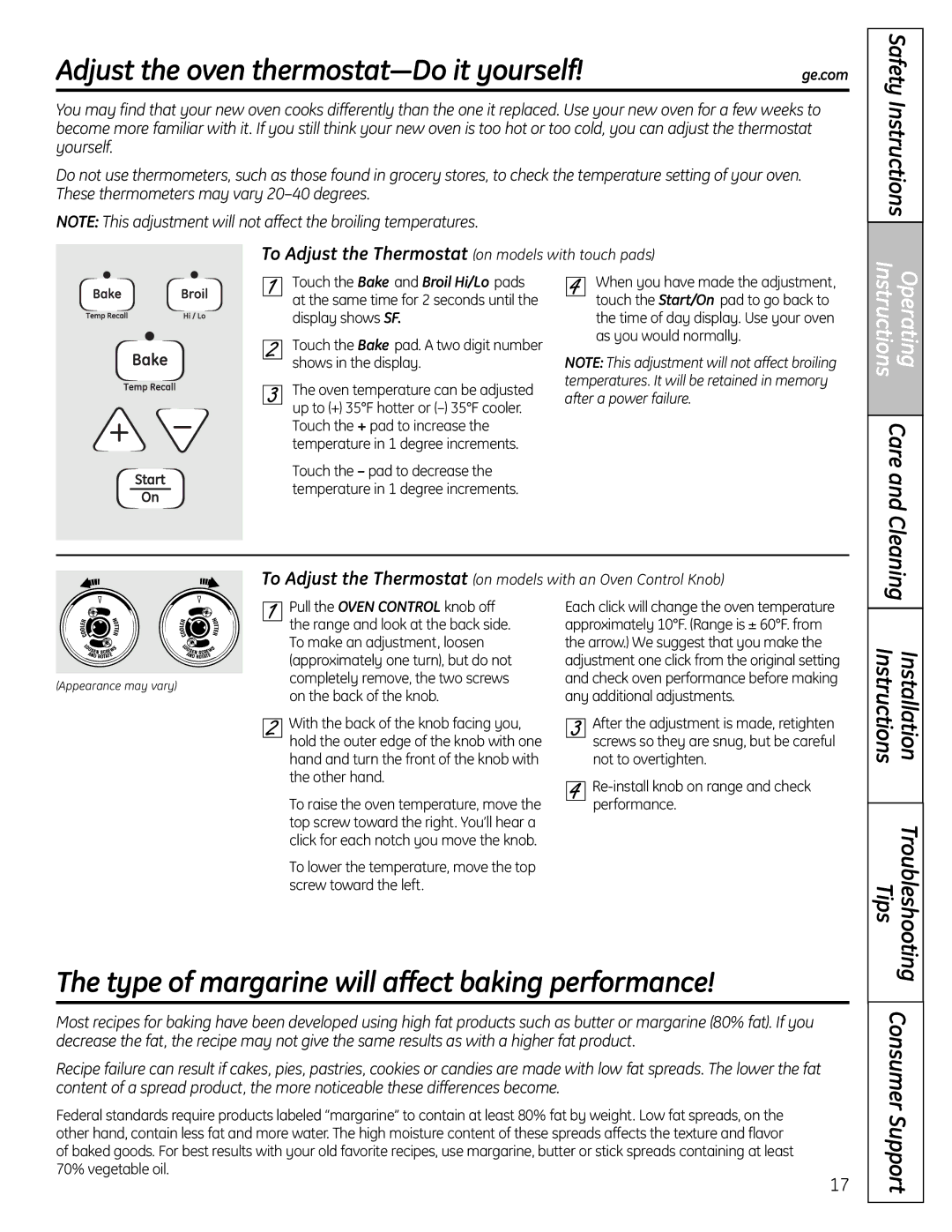 GE JGBS19 Adjust the oven thermostat-Do it yourself, Type of margarine will affect baking performance, Care andCleaning 