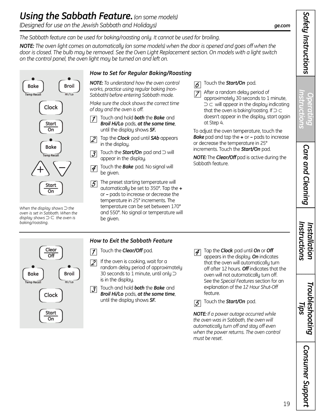 GE JGBS19 Using the Sabbath Feature.on some models, Designed for use on the Jewish Sabbath and Holidays 