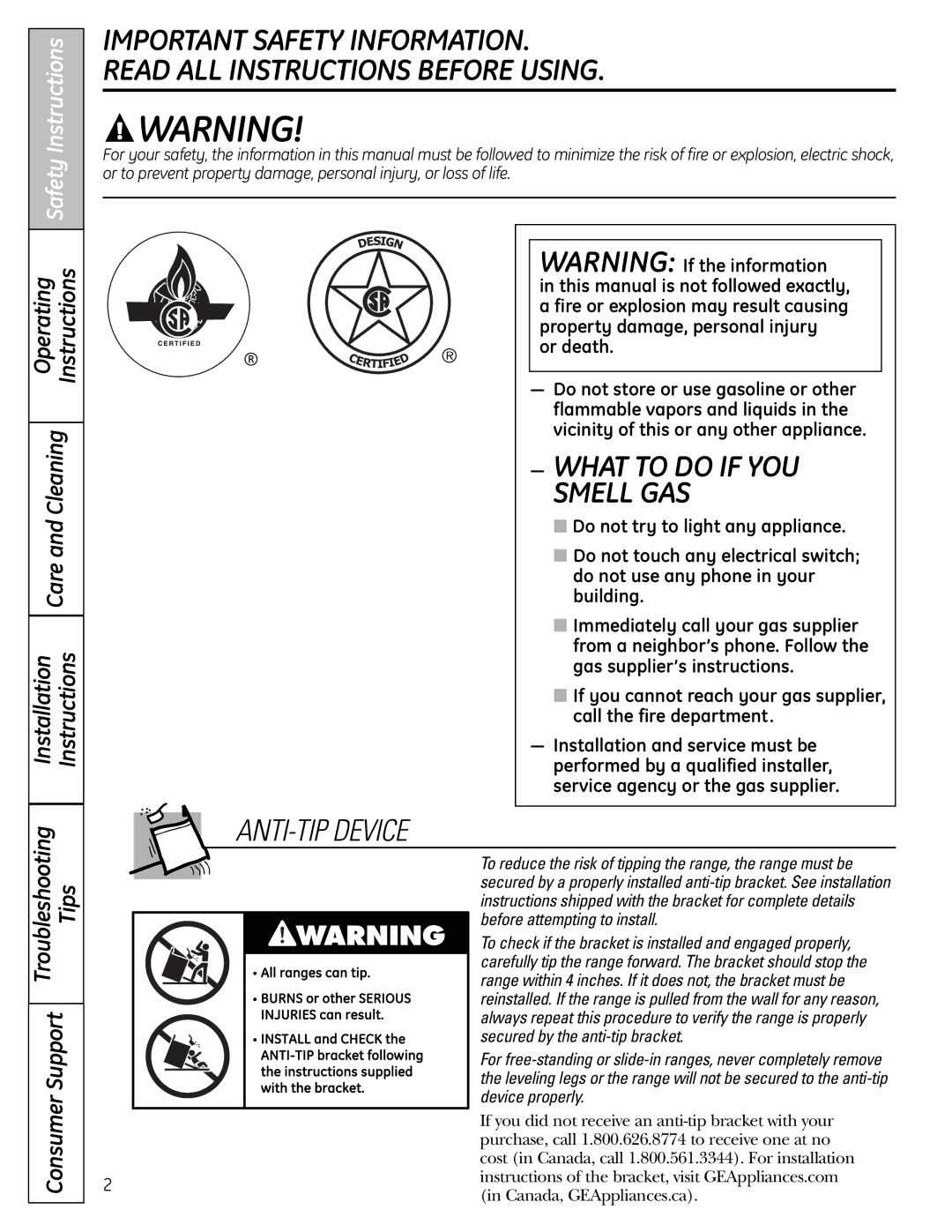 GE JGBS19 installation instructions Operating Instructions Care and Cleaning Installation, Tips 