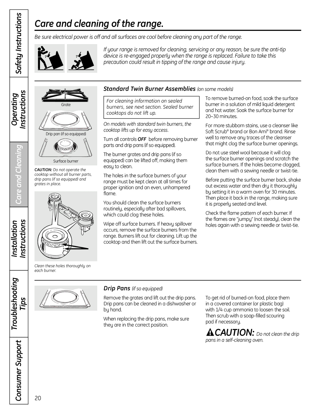 GE JGBS19 installation instructions Care and cleaning of the range, Standard Twin Burner Assemblies on some models 