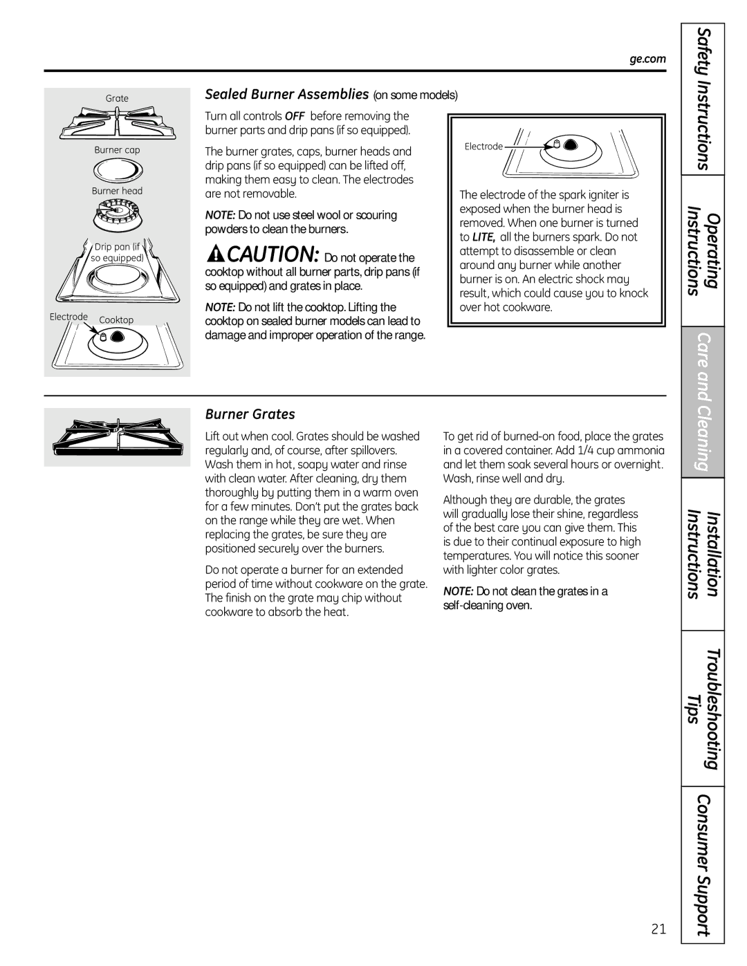 GE JGBS19 installation instructions Sealed Burner Assemblies on some models, Burner Grates 