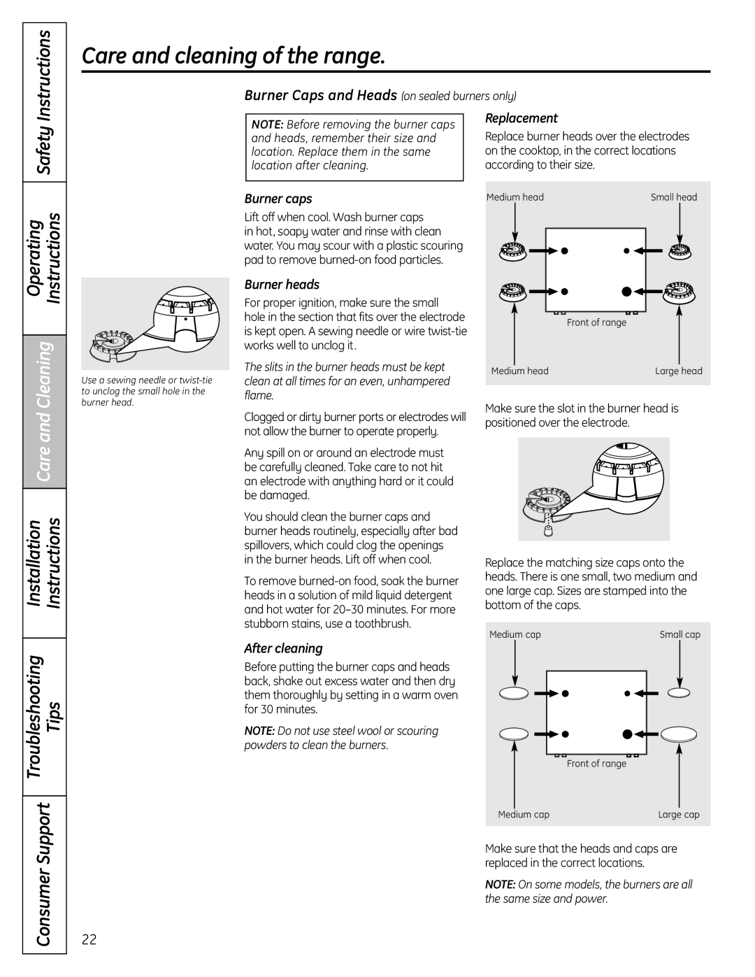 GE JGBS19 installation instructions Operating Instructions, Replacement, Burner caps, Burner heads, After cleaning 