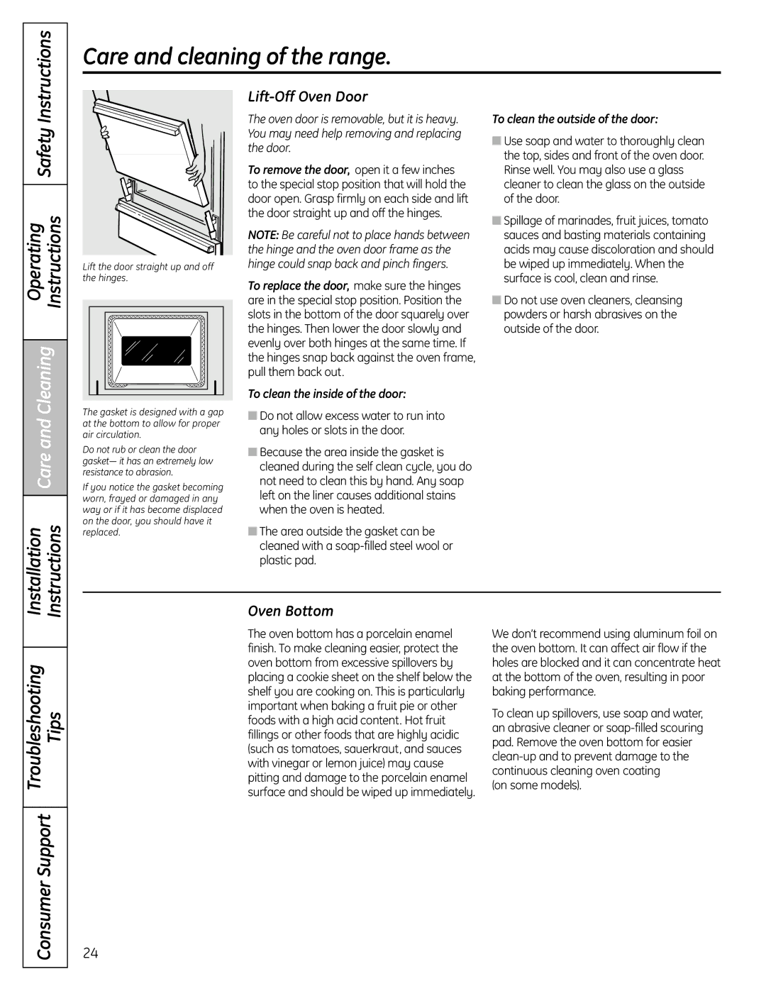 GE JGBS19 Lift-Off Oven Door, Oven Bottom, To clean the inside of the door, To clean the outside of the door 