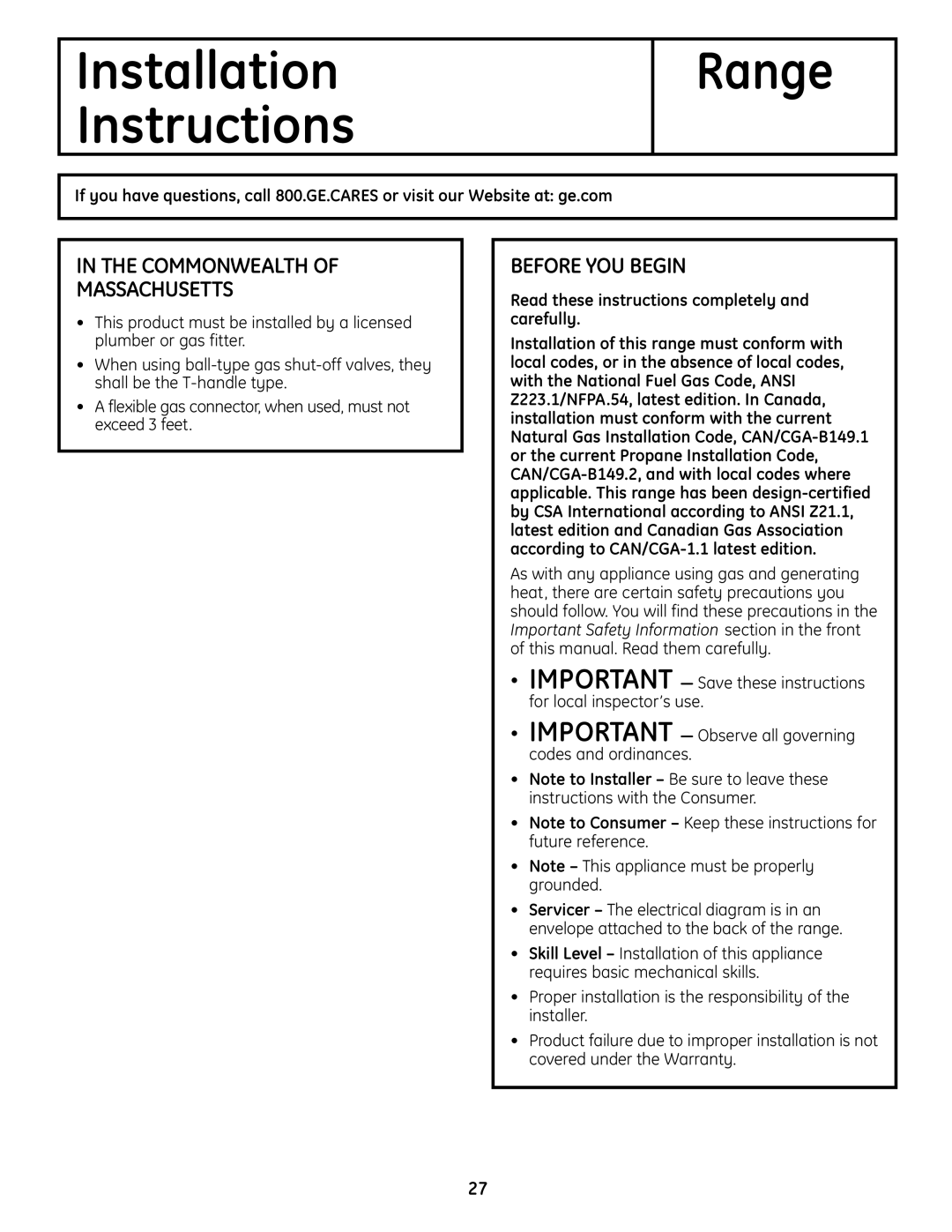 GE JGBS19 Commonwealth Massachusetts, Before YOU Begin, Read these instructions completely and carefully 