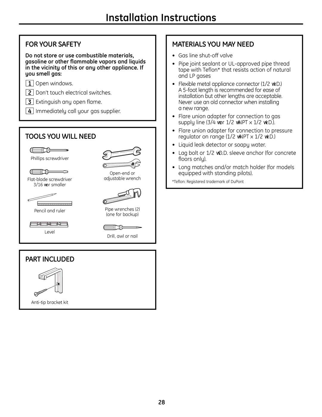 GE JGBS19 installation instructions For Your Safety, Tools YOU will Need, Part Included, Materials YOU MAY Need 