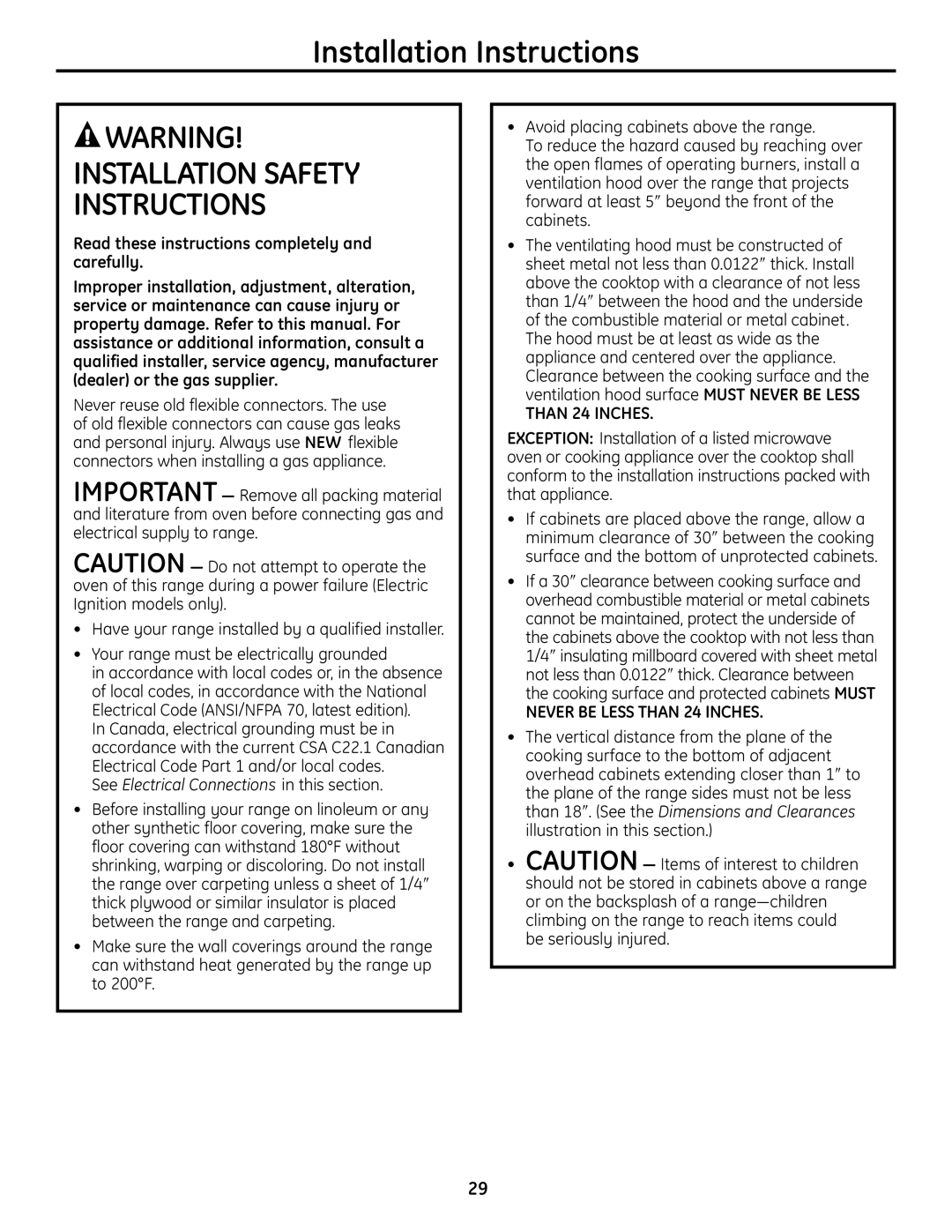 GE JGBS19 installation instructions Installation Safety Instructions 