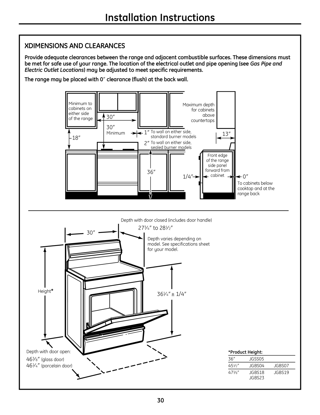 GE JGBS19 installation instructions Xdimensions and Clearances, ″ 2″ 