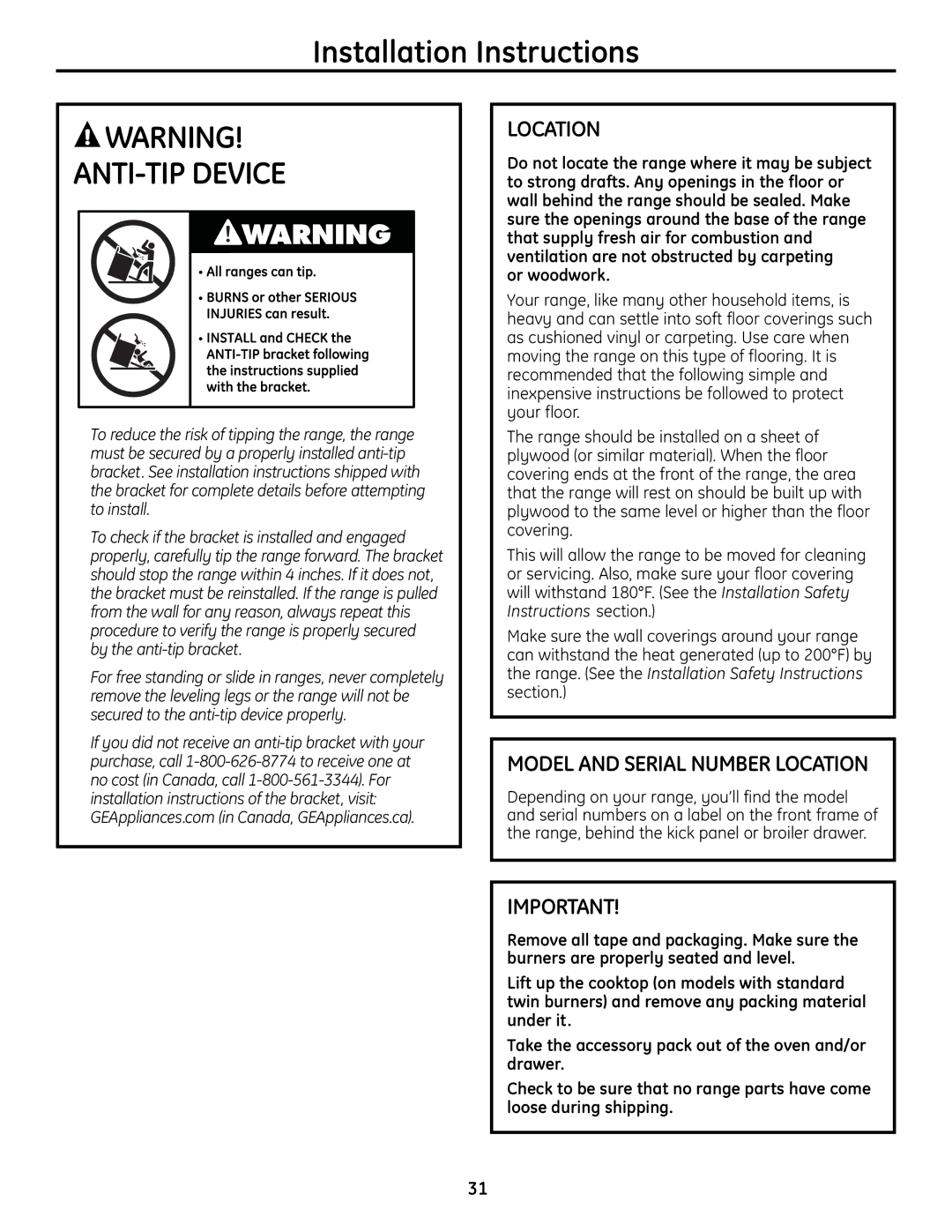 GE JGBS19 installation instructions Location, Or woodwork 