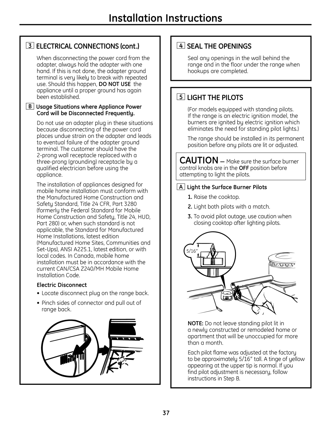 GE JGBS19 Seal the Openings, Light the Pilots, Electric Disconnect, Light the Surface Burner Pilots 