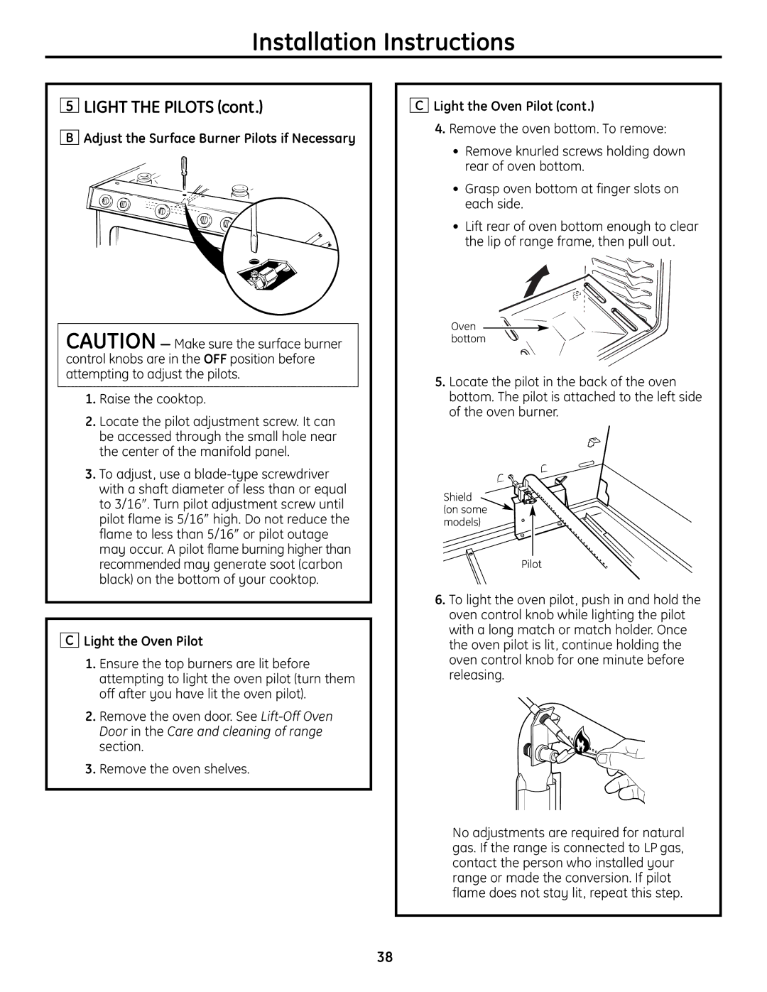 GE JGBS19 installation instructions Adjust the Surface Burner Pilots if Necessary, Light the Oven Pilot 