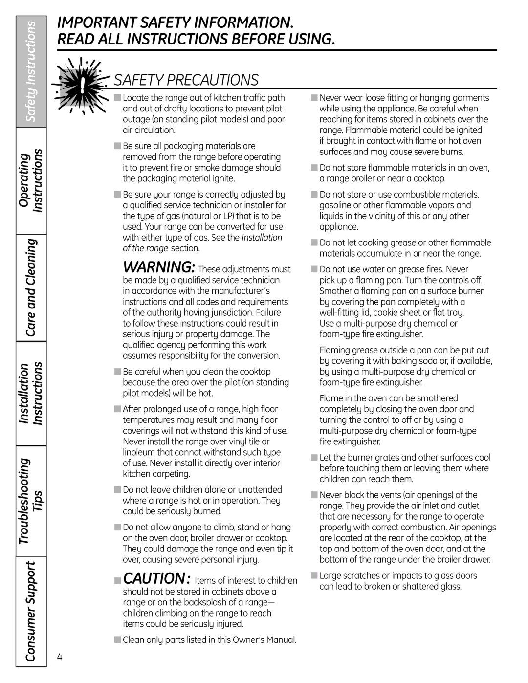 GE JGBS19 installation instructions Safety Precautions 