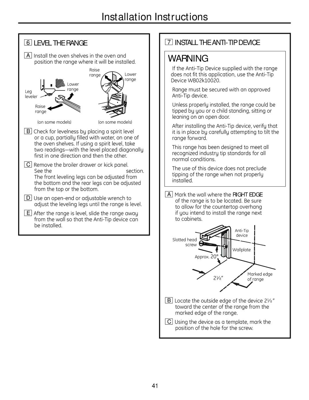 GE JGBS19 installation instructions Level the Range, Install the ANTI-TIP Device 