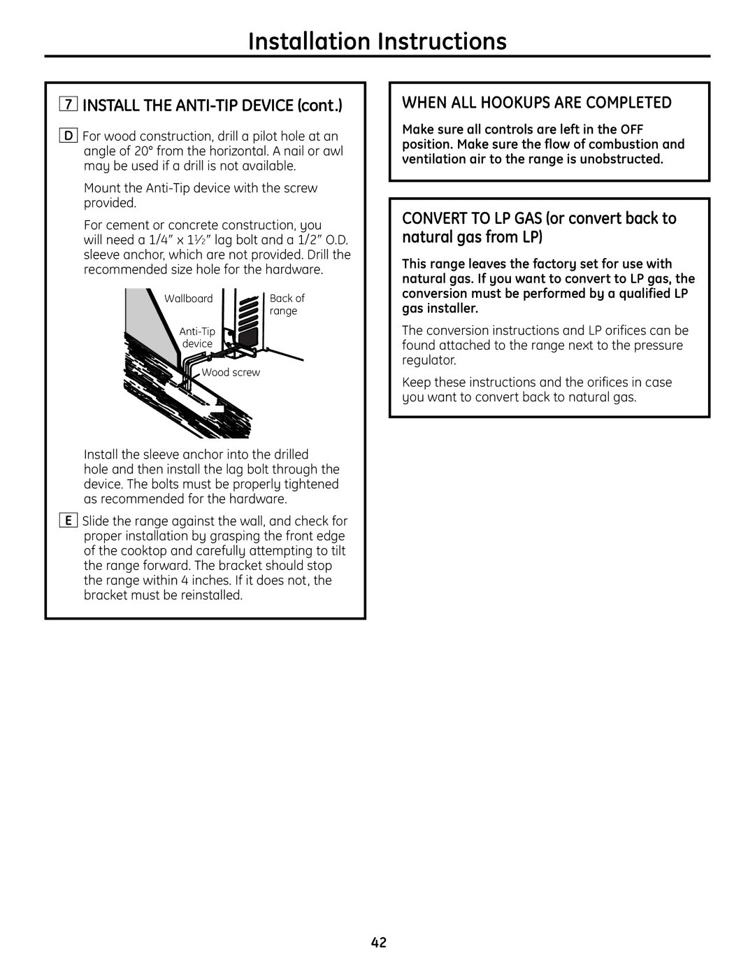 GE JGBS19 installation instructions When ALL Hookups are Completed, Install the ANTI-TIP Device 