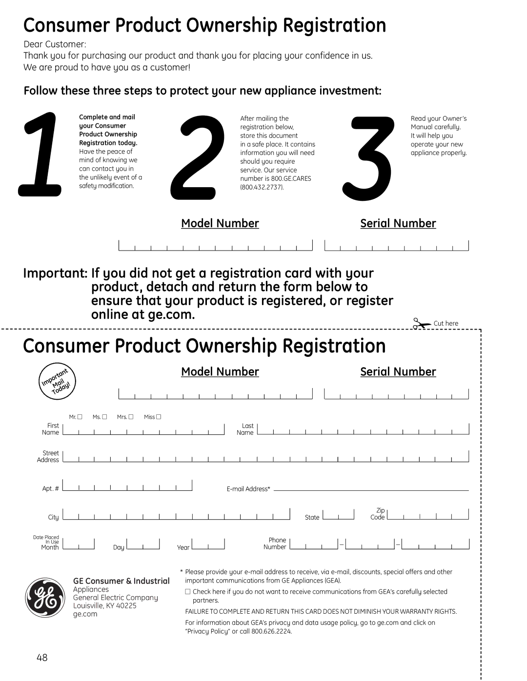 GE JGBS19 installation instructions Consumer Product Ownership Registration 