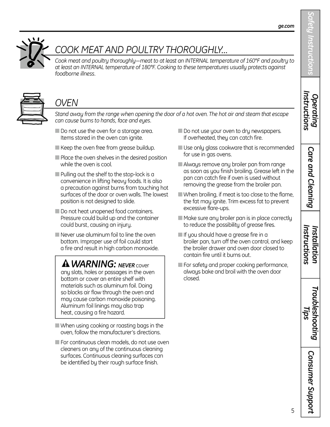 GE JGBS19 installation instructions Cook Meat and Poultry THOROUGHLY… 