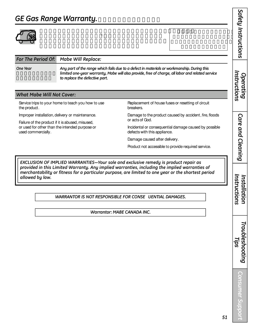 GE JGBS19 installation instructions Mabe Will Replace, What Mabe Will Not Cover 